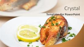  Presentation with lemon and ginger tea - PPT theme having roasted-salmon-stakes-plated background and a lemonade colored foreground