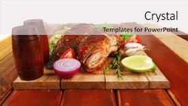  Presentation with wood - Slides with roasted sea fish and castors background and a  colored foreground