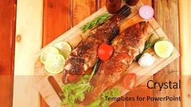  Presentation with fishing plastics bottles in the sea - Amazing PPT theme having roasted sea fish and castors backdrop and a gold colored foreground