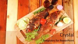  Presentation with fish at sea - Colorful slide deck enhanced with roasted sea fish and castors backdrop and a gold colored foreground