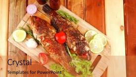  Presentation with wood - Slide deck with roasted sea fish and castors background and a  colored foreground