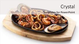 Presentation with seafoods - Presentation theme enhanced with roasted seafoods - shrimps mussels and calamari rings background and a light gray colored foreground