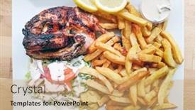  Presentation with roasted chicken - Presentation design featuring roasted-sleeves-chicken-with-potatoes background and a coral colored foreground