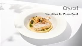  Presentation with fine dining - PPT layouts consisting of roasted-squid-on-mashed-potatoes background and a white colored foreground