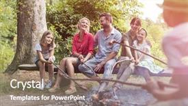  Presentation with campfire - Presentation design with roasting sausages over burning campfire background and a coral colored foreground