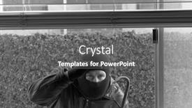  Presentation with home - Audience pleasing PPT layouts consisting of robber-peers-through-a-window backdrop and a gray colored foreground