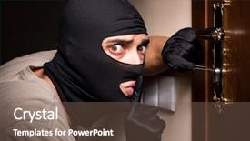  Presentation with crime scene - Theme with robbery - burglar wearing balaclava mask background and a violet colored foreground