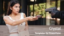  Presentation with giving - PPT theme with robbery - frightened young woman giving mobile background and a gray colored foreground