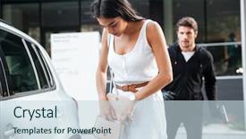  Presentation with car parking - PPT theme with robbery - pretty young woman being stalked background and a sky blue colored foreground