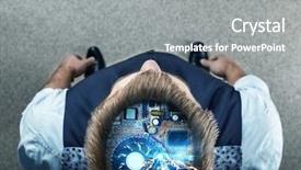  Presentation with electric engeneering - PPT theme having robot - businessman with electric parts background and a gray colored foreground