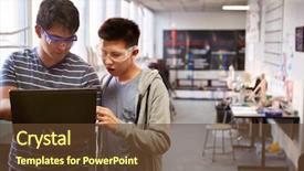  Presentation with college students - Slide set featuring robot - portrait of male college students background and a tawny brown colored foreground