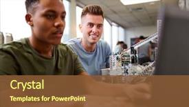  Presentation with university building - Slide deck consisting of robot - two male university students building background and a tawny brown colored foreground