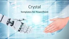  Presentation with human robot hands - Cool new PPT theme with robot and man hands showing backdrop and a sky blue colored foreground
