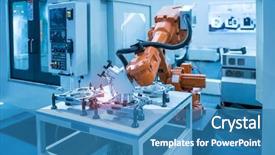  Presentation with robot arm - PPT theme with robot arm is working smartly background and a teal colored foreground