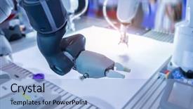  Presentation with robot arm - Slides consisting of robot arm smart factory industry background and a light blue colored foreground