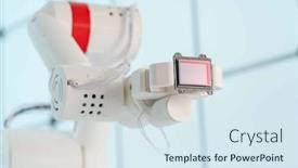  Presentation with manipulator robot - Slide deck having robot-arm-with-ccd background and a sky blue colored foreground