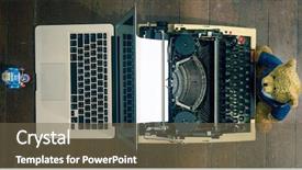  Presentation with note book - Beautiful slide set featuring robot books - concept old and new backdrop and a tawny brown colored foreground