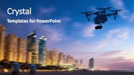  Presentation with city silhouette - Slide set featuring robot city - drone silhouette flying above dubaicity background and a ocean colored foreground