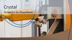  Presentation with industrial machine - Amazing PPT theme having robot emergency - automatic grinding machine in industrial backdrop and a sky blue colored foreground
