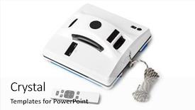  Presentation with industrial robot welding - Slides featuring robot for washing windows isolated background and a white colored foreground