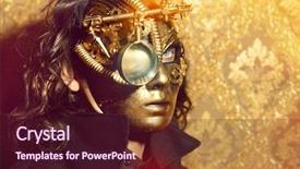  Presentation with mechanical gear - Audience pleasing presentation theme consisting of robot gear mechanism - steampunk man wearing mask backdrop and a wine colored foreground