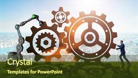  Presentation with mechanism - Cool new slide set with robot gear mechanism - teamwork concept with businessman backdrop and a tawny brown colored foreground