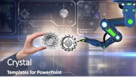  Presentation with synergy collaboration cooperation teamwork concept - Colorful slides enhanced with robot gear mechanism - teamwork concept with businessman backdrop and a ocean colored foreground