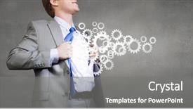  Presentation with acting - Slide set having robot gear mechanism - young businessman in suit opening background and a gray colored foreground