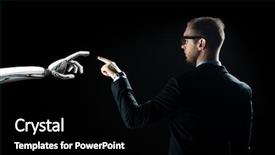  Presentation with business intelligence - Cool new presentation theme with robot hand over black background backdrop and a black colored foreground