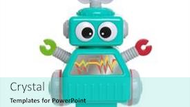  Presentation with robot toy - Audience pleasing presentation design consisting of robot-toy-isolated backdrop and a cyan colored foreground