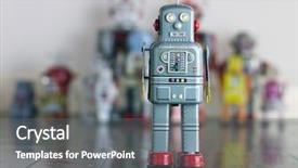  Presentation with robot toy - PPT layouts having robot toy standing on wooden background and a gray colored foreground