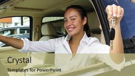  Presentation with robot vehicle - Amazing presentation theme having robot voiture - businesswoman showing keys of her backdrop and a mint green colored foreground