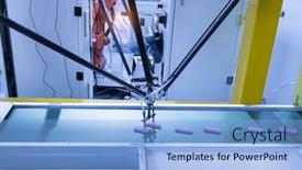  Presentation with manufacture - PPT layouts with robot with vacuum suckers picks the item from the conveyor in manufacture factory background and a light blue colored foreground