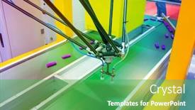  Presentation with manufacture - Colorful slide deck enhanced with robot with vacuum suckers picks the item from the conveyor in manufacture factory backdrop and a shamrock green colored foreground
