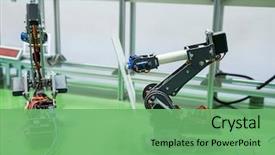  Presentation with robot arm - Cool new PPT theme with robotic and automation system control backdrop and a seafoam green colored foreground