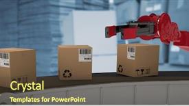  Presentation with production line - Presentation design enhanced with robotic arm - cardboard boxes on 3d production background and a tawny brown colored foreground