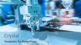  Presentation with automation system - PPT theme featuring robotic-arm-installing-a-computer background and a light blue colored foreground