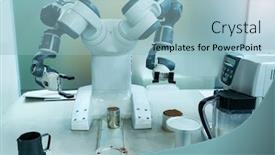  Presentation with robotic arm - Beautiful PPT theme featuring robotic-arm-preparing-coffee backdrop and a light blue colored foreground