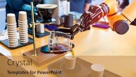  Presentation with robotic arm - Beautiful presentation theme featuring robotic-arm-preparing-coffee backdrop and a gold colored foreground