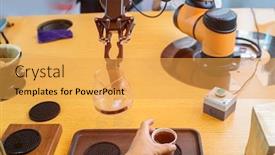  Presentation with robotic arm - Slide deck having robotic-arm-preparing-coffee background and a yellow colored foreground