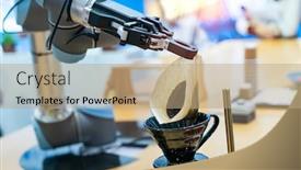  Presentation with robotic arm - Presentation theme consisting of robotic-arm-preparing-coffee background and a coral colored foreground