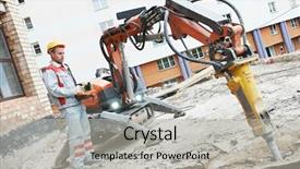  Presentation with construction robot - Slide deck enhanced with robotic drilling - builder worker in safety protective background and a light gray colored foreground