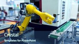  Presentation with robotic arm - Amazing PPT theme having robotic hand machine tool backdrop and a ocean colored foreground