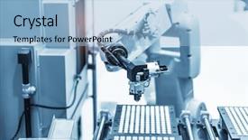  Presentation with industrial robot - PPT theme consisting of robotic hand machine tool background and a light blue colored foreground