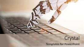  Presentation with notebook design - Colorful presentation design enhanced with robotic hand working with notebook backdrop and a coral colored foreground