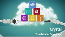  Presentation with holding hands - Presentation theme having robotic hands holding multi colored background and a teal colored foreground