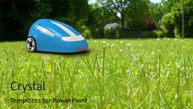  Presentation with robot - Amazing PPT theme having robotic lawnmower backdrop and a gold colored foreground