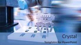  Presentation with factory machine - Cool new PPT layouts with robotic machine tool in industrial backdrop and a light blue colored foreground
