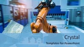  Presentation with factory machine - Amazing PPT theme having robotic pneumatic piston sucker unit backdrop and a light blue colored foreground