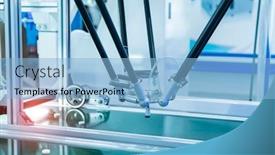  Presentation with industrial automation - Colorful slide deck enhanced with robotic pneumatic piston sucker unit on industrial machine automation compressed air factory production backdrop and a light blue colored foreground